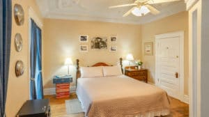 King bed in Route 66 Suite at Bottger Mansion